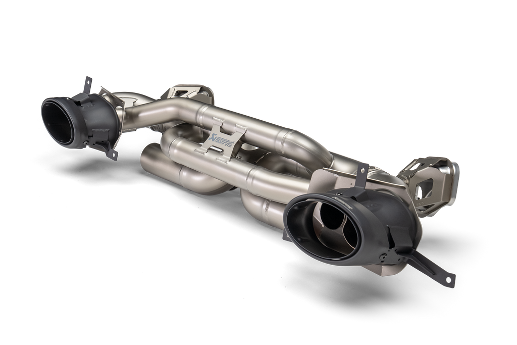 Akrapovic titanium exhaust system for Porsche 992.2 Carrera, T, S, 4S, Cabriolet, and Targa models, shown in detailed view.