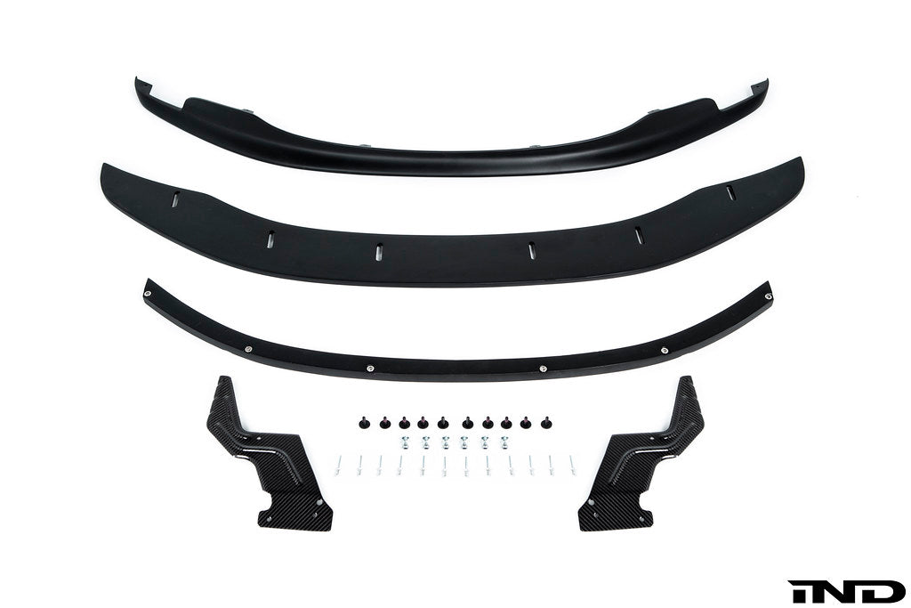 Alpha N E9X M3 GTS front lip splitter for BMW, adjustable exterior accessory, white color, enhances sporty appearance.