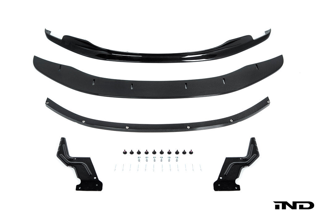 Alpha N E9X M3 GTS front lip splitter in white, adjustable exterior car accessory for BMW E9X M3 GTS model.