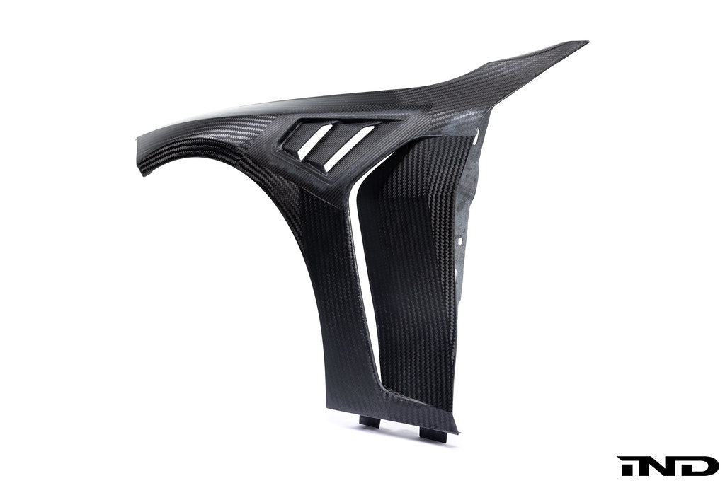 Alpha N G8X M3 M4 carbon vented front fender set for BMW, shown in white background with detailed vent design.