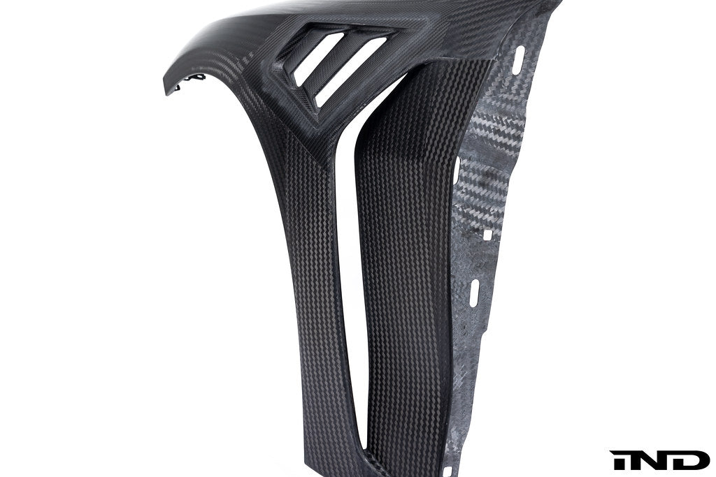 Alpha N G8X M3 M4 carbon vented front fender set for BMW shown on white background with close-up of vented design.