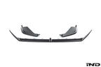 Alpha N G90 G99 M5 carbon front splitter set, 3-piece exterior upgrade, shown in white on a BMW vehicle.