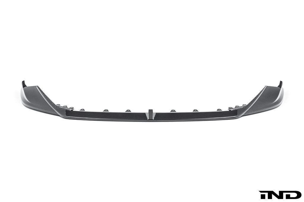 Alpha N BMW G90 G99 M5 carbon front splitter set with three white exterior pieces, designed for a sporty, aerodynamic look.