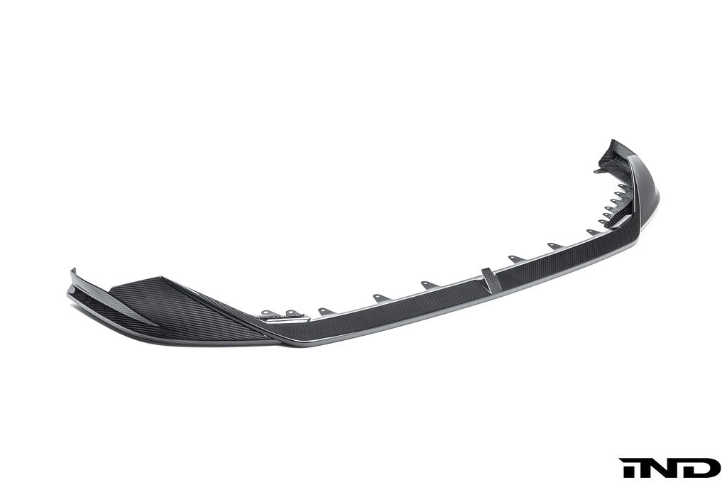 Alpha N BMW G90 G99 M5 carbon front splitter set, 3-piece exterior upgrade with white finish, enhances aggressive sporty look.