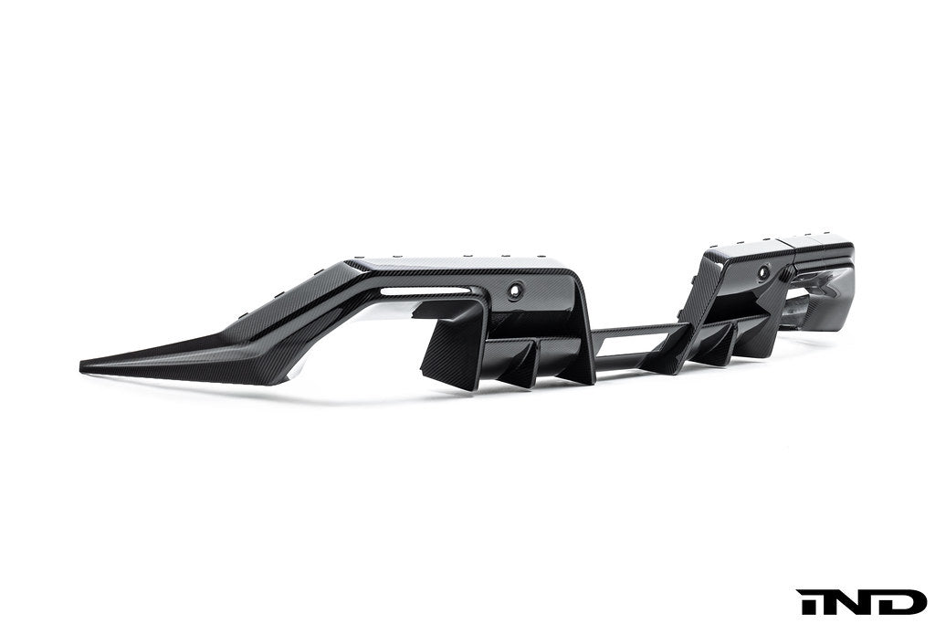 Alpha N G90 G99 M5 Carbon Rear Diffuser V2 for BMW, exterior view showing sleek white finish and aerodynamic design.