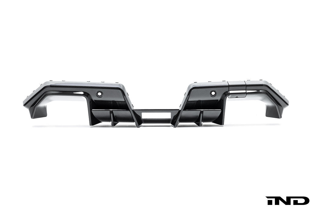 Alpha N G90 G99 M5 Carbon Rear Diffuser V2, exterior car part with sleek carbon finish on a white background.