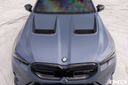 Alpha N BMW G90 G99 M5 carbon vented hood installed, showcasing lightweight, aerodynamic exterior design for enhanced performance.