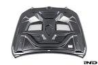 Alpha N BMW G90 G99 M5 carbon vented hood, exterior view showing lightweight black carbon design on white background.