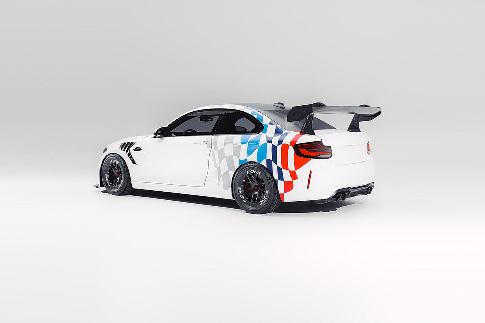 White Alpha N Corse Swan Neck Rear Wing for BMW F87 M2, exterior automotive accessory, shown on a plain background.