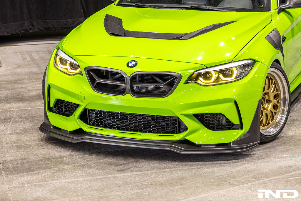 Installed Alpha-N Carbon Corse front grille on BMW F87 M2 Competition and CS with pre-preg carbon fiber construction and aggressive motorsport styling