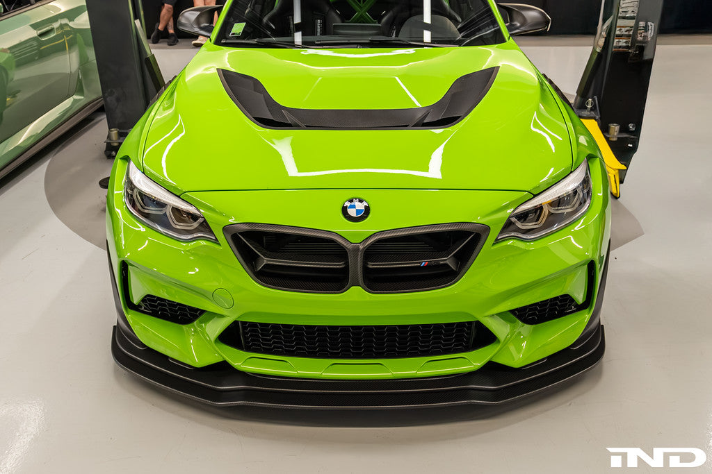 Installed Alpha-N Carbon Corse front grille on BMW F87 M2 Competition and CS with pre-preg carbon fiber construction and aggressive motorsport styling