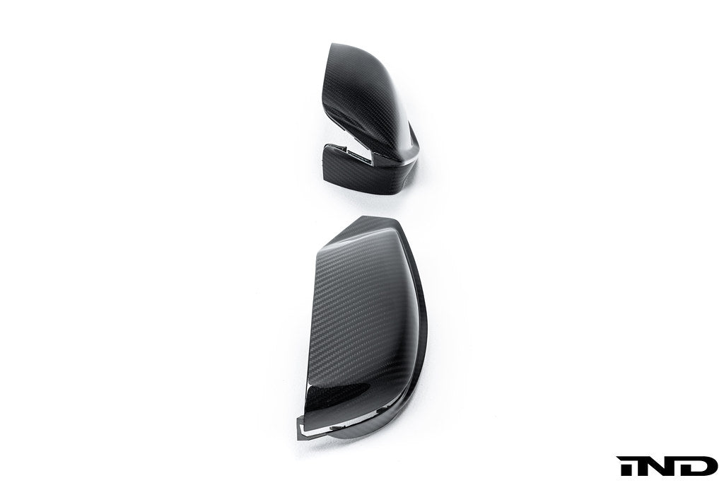 Alpha N G8X M2 M3 M4 carbon mirror cap set with white background, showing sleek exterior mirror covers for BMW models.