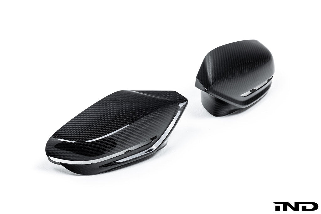 Alpha N G8X M2 M3 M4 carbon mirror cap set, exterior replacement parts for BMW, shown on a white background.