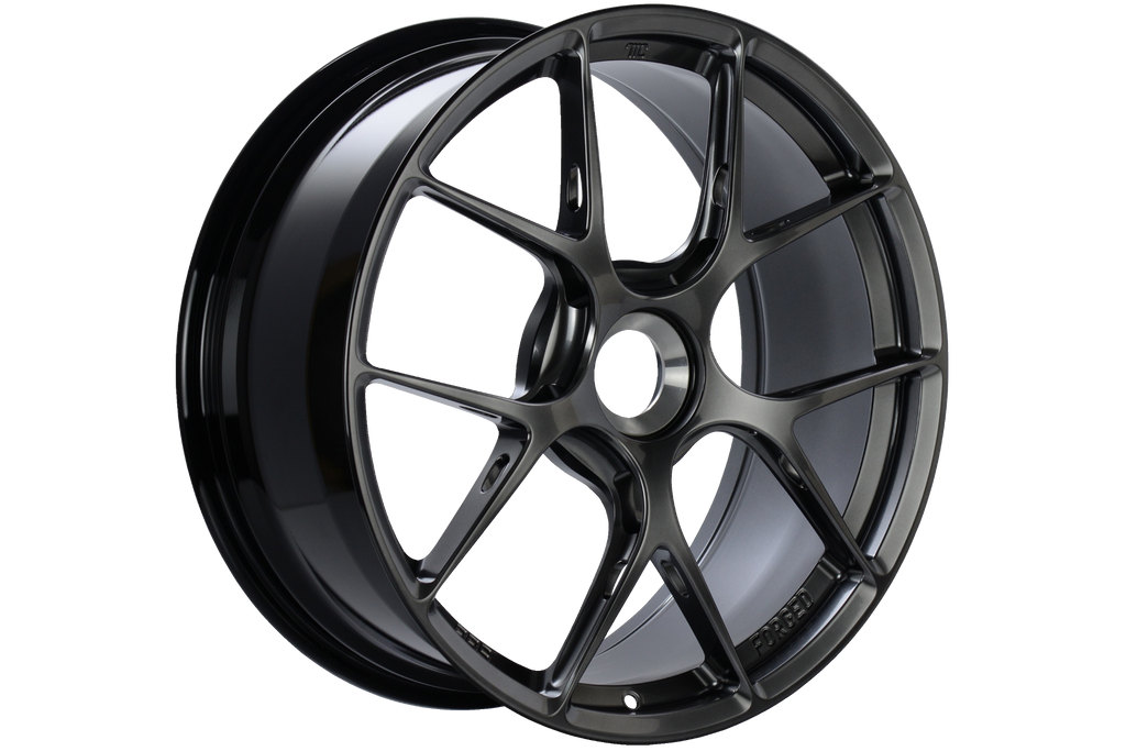 Black satin BBS 991 911 GT3 FI-R 20-inch wheel set with multi-spoke design for high-performance sports cars.