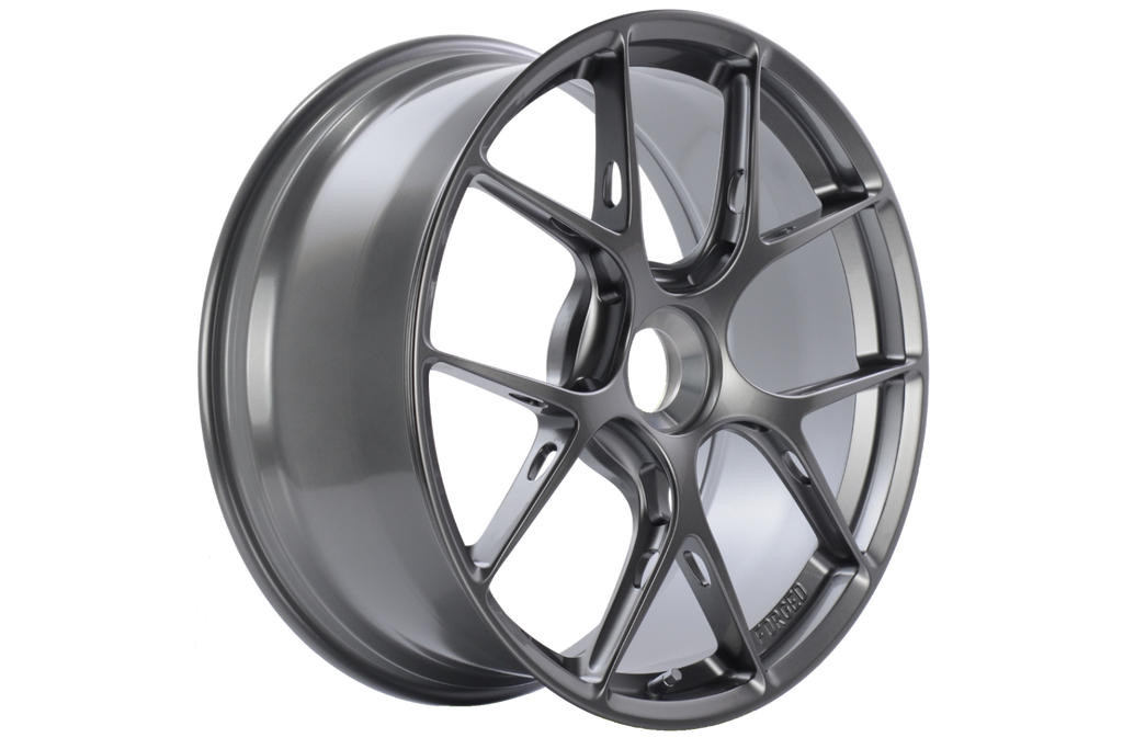 BBS FI-R 991 GT3 20-inch platinum gloss wheel set for Porsche 911 GT3 showing sleek, lightweight alloy wheels with a glossy finish.