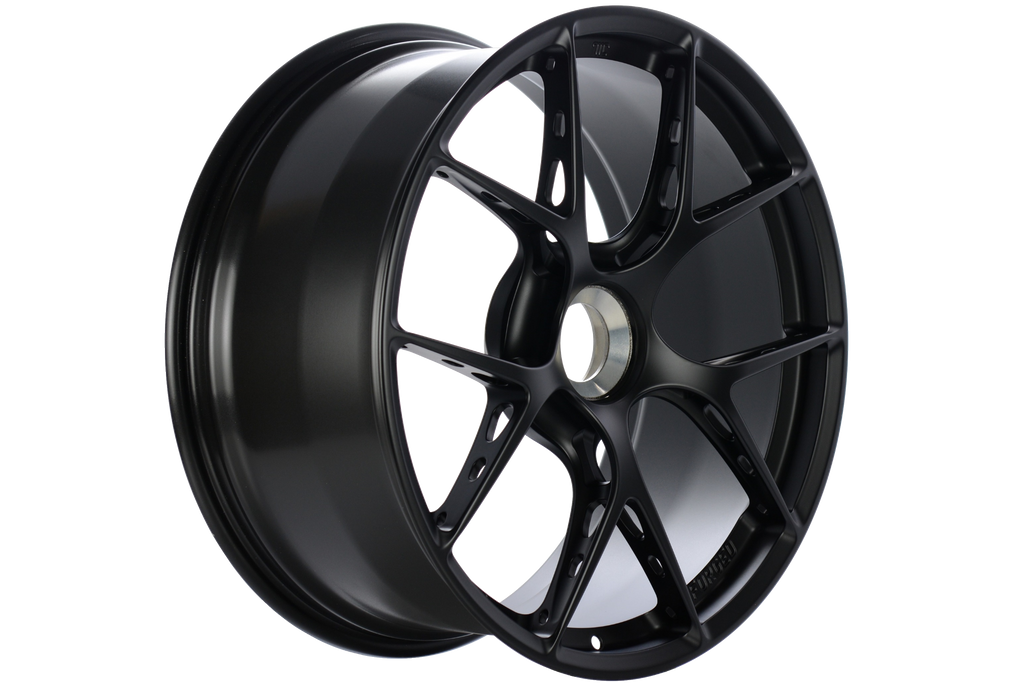 Matte black BBS FI-R Evo Porsche 911 GT3 (992) centerlock 20 and 21-inch wheel set on a vehicle.