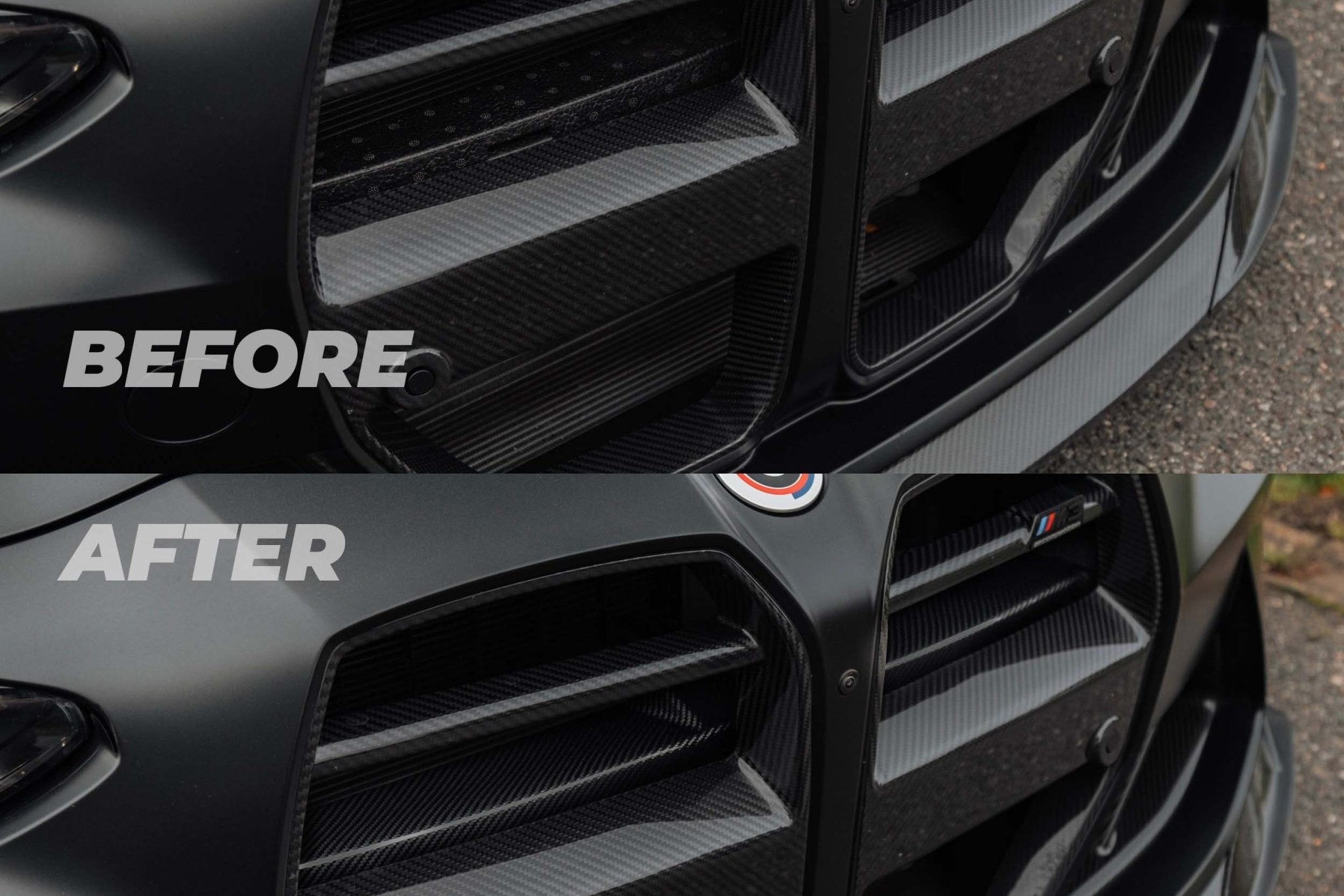 TREVORA G8X M3 M4 Pre-Preg Carbon Fiber Foam Crash Bar Cover on BMW G80 G82 M3 M4 exterior, showcasing sleek carbon fiber finish.