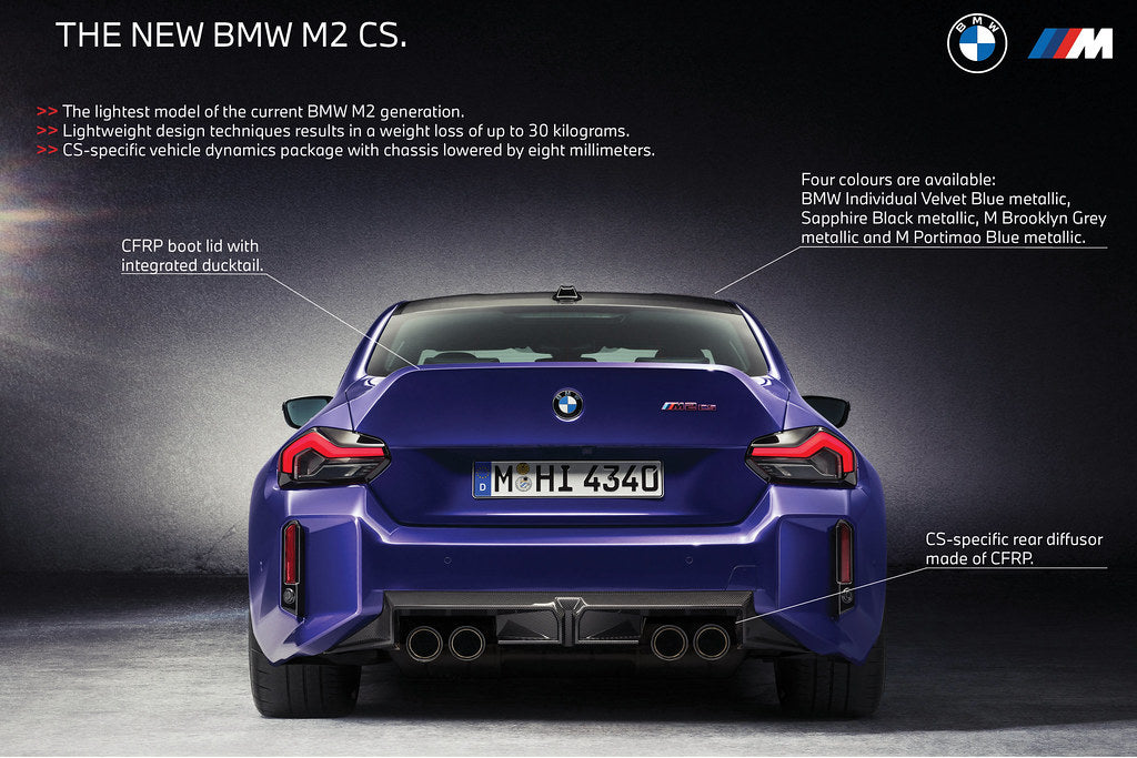 BMW G87 M2 CS carbon rear diffuser installed, showcasing the sleek exterior upgrade for enhanced aerodynamics and sporty design.
