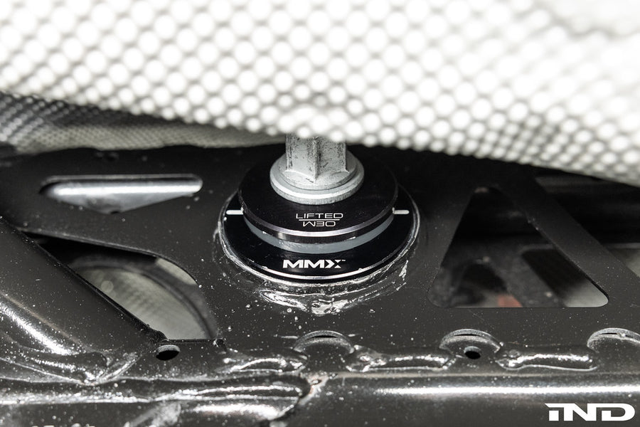 BMW G8X MMX Performance Rear Differential Billet Front Cradle installed, OEM / Lifted insert detail
