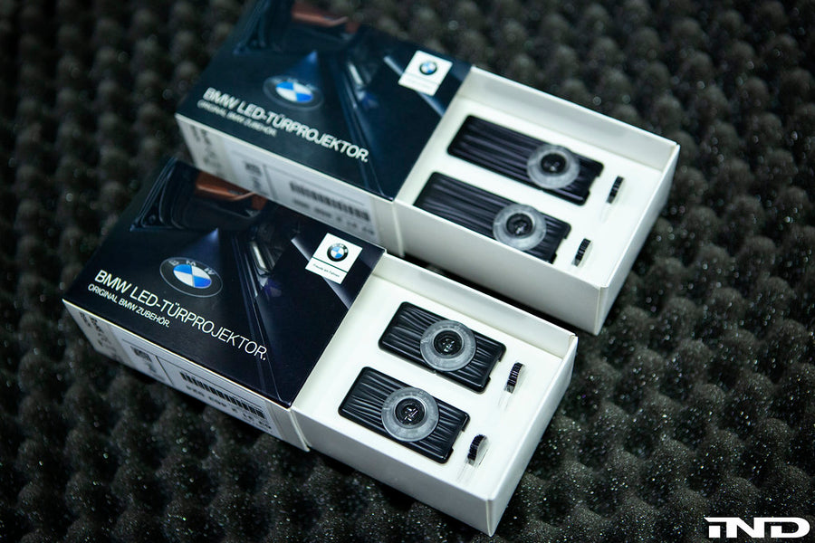 BMW LED door projector kits in 68mm (top) and 50mm (bottom) sizes