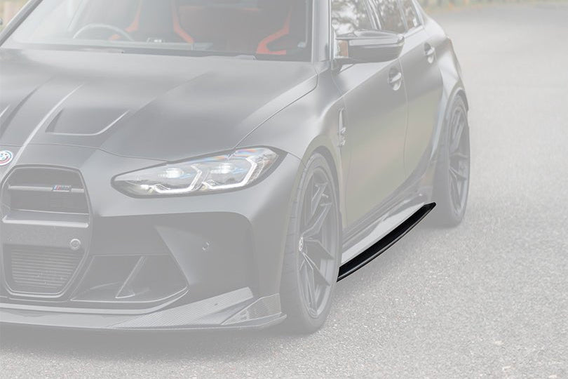 BMW M3 G80 side skirts made of pre-preg carbon fiber by TREVORA for enhanced exterior style and aerodynamic performance.