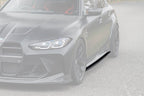 BMW M3 G80 side skirts made of pre-preg carbon fiber by TREVORA for enhanced exterior style and aerodynamic performance.