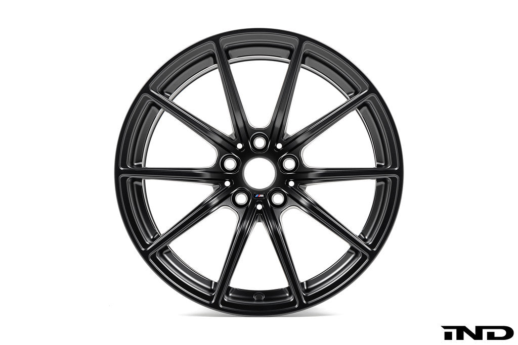 BMW Motorsport G87 M2 racing black 18x10 wheels set displayed on a white background, showcasing the sporty wheel design.