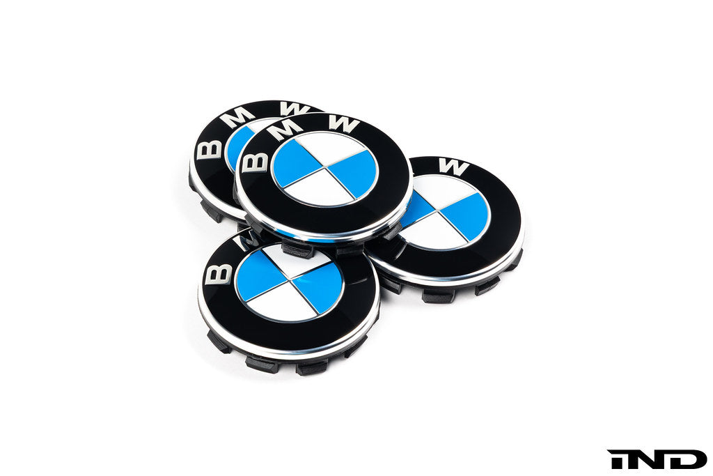 BMW wheel center cap set with 68mm diameter, featuring a clean white background and visible BMW logo on each cap.