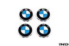 BMW wheel center cap set with 68mm diameter, featuring a white background and showcasing the sleek design of the BMW logo.