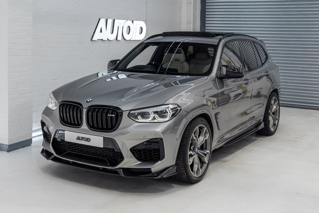 TREVORA BMW F97 X3M / F98 X4M Pre-LCI carbon fiber front splitter installed on exterior of 2019-2021 BMW X3M and X4M models