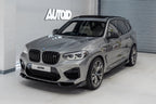 TREVORA BMW F97 X3M / F98 X4M Pre-LCI carbon fiber front splitter installed on exterior of 2019-2021 BMW X3M and X4M models