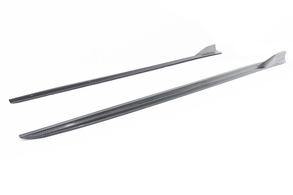 TREVORA carbon fiber side skirt set for BMW X3M F97 and X4M F98 exterior enhancement with winglets.
