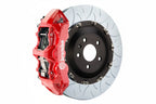 Brembo F85 X5M / F86 X6M GT big brake kit with 405mm 2-piece front brakes, slotted rotors in red and white.