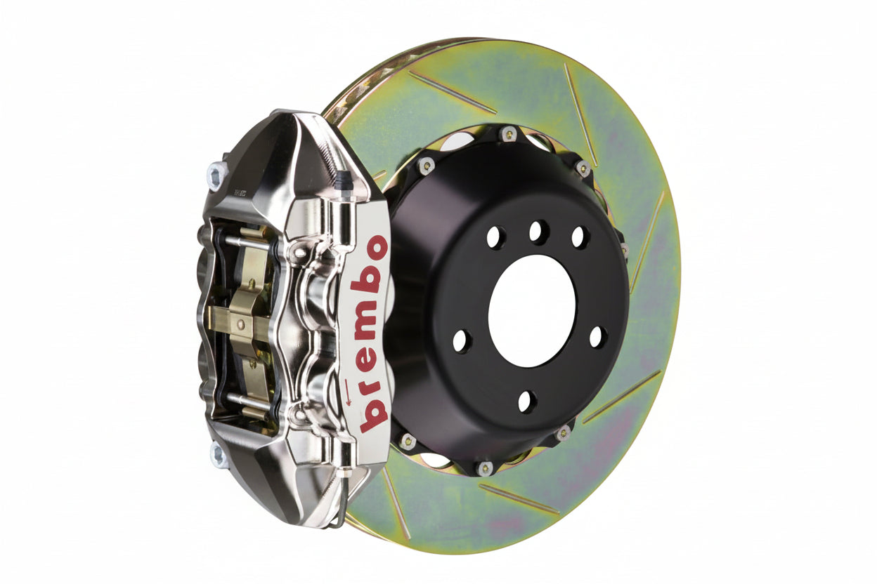 Brembo GT-R rear big brake kit for BMW F85 X5M and F86 X6M, 380mm drilled rotors with silver calipers on a white background