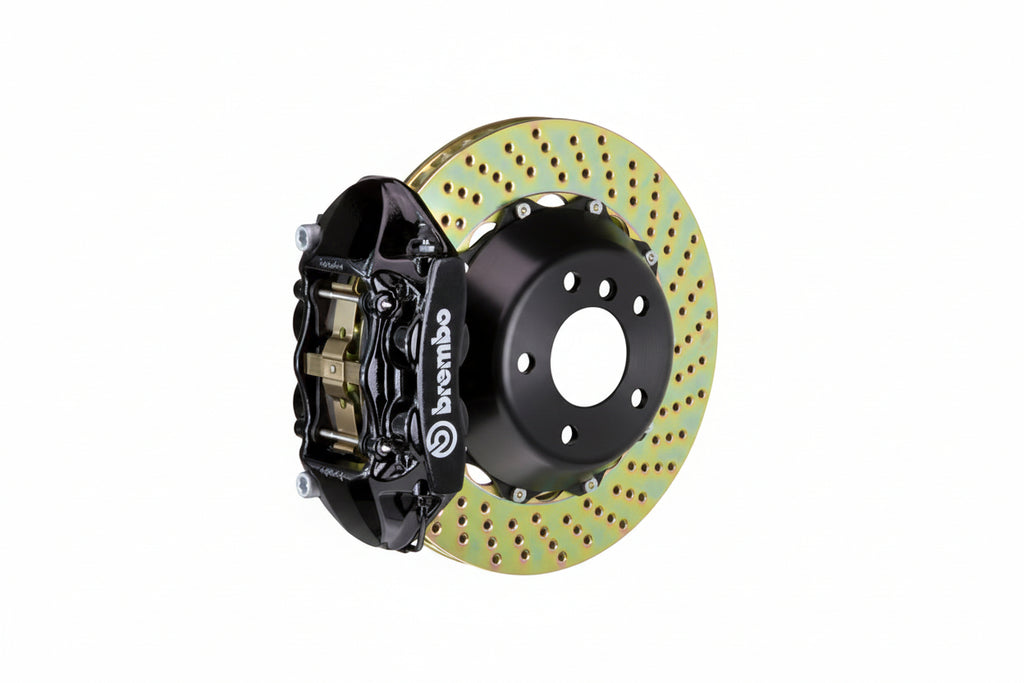 Brembo F85 X5M / F86 X6M GT rear big brake kit with 380mm drilled white 2-piece brake rotors and calipers for high-performance braking.