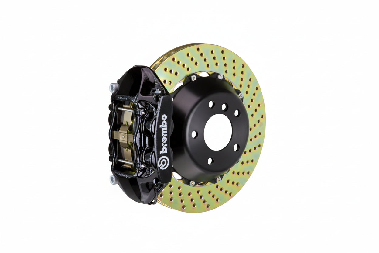 Brembo F85 X5M / F86 X6M GT rear big brake kit with 380mm drilled white 2-piece brake rotors and calipers for high-performance braking.