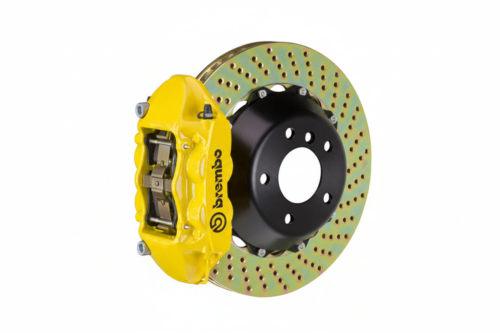 Brembo F85 X5M / F86 X6M GT rear big brake kit with 380mm drilled white brake discs and 2-piece design.