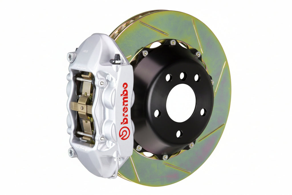 Brembo F85 X5M / F86 X6M GT big brake kit with 380mm slotted white rear rotors and 2-piece design for enhanced braking performance.