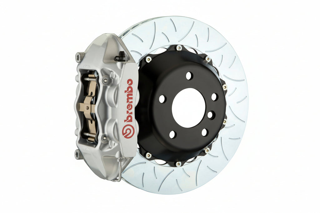 Brembo F85 X5M / F86 X6M GT rear big brake kit with 380mm slotted white 2-piece brake rotors and calipers.
