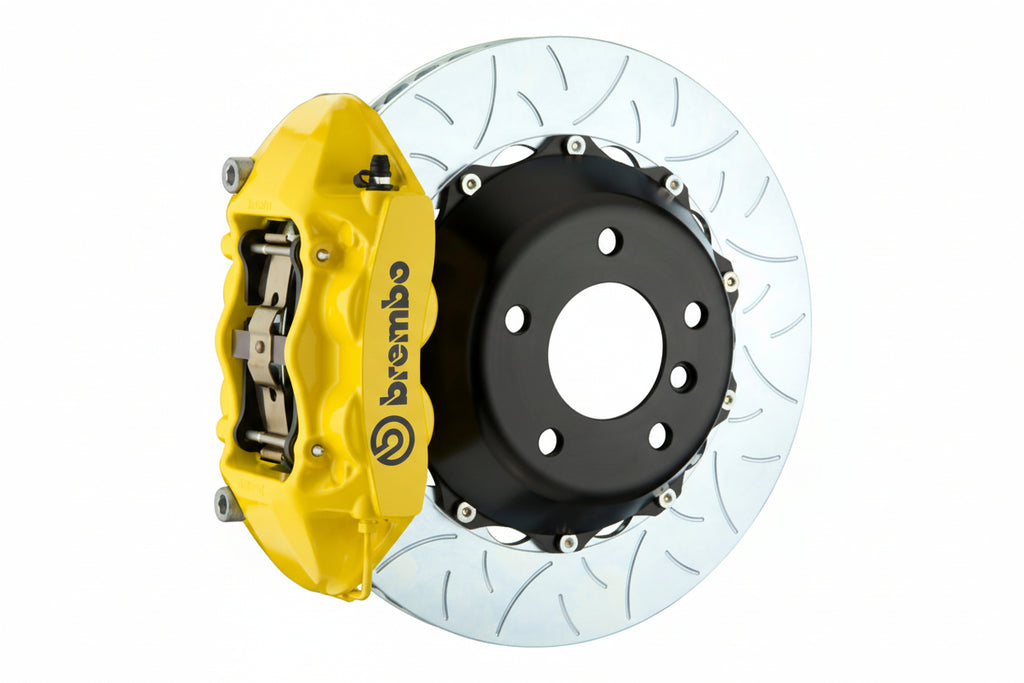 Brembo F85 X5M / F86 X6M GT big brake kit with 380mm slotted white rear brake rotors and 2-piece design.