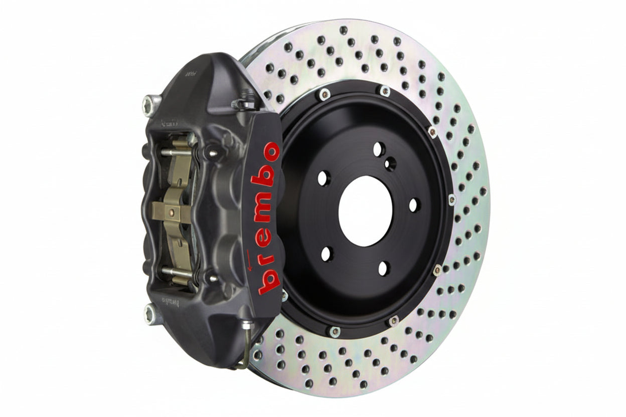Brembo GT-S rear big brake kit for BMW F85 X5M and F86 X6M, 380mm drilled rotors with performance calipers on a white background