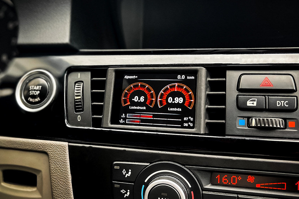 CANchecked E9X M3 interior with 2.8-inch Gen2 multi-function display installed in BMW E92 3-Series LHD vehicle.