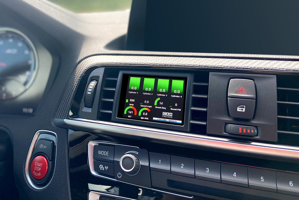 CANchecked F8X/F3X/F22 2.8-inch Gen2 multi-function display installed inside a BMW F87 M2 interior.