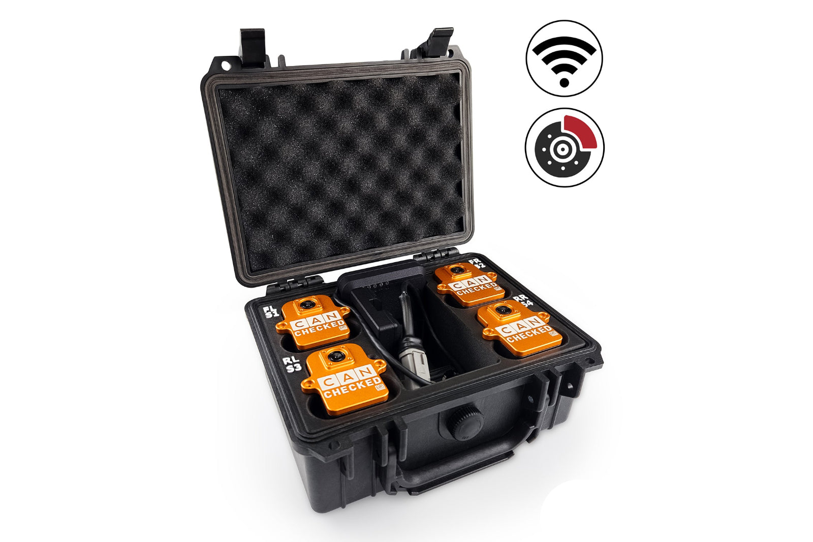 CANchecked Brake Temperature Monitor Wireless with Comprehensive Charging and Storage Box product photo on white background
