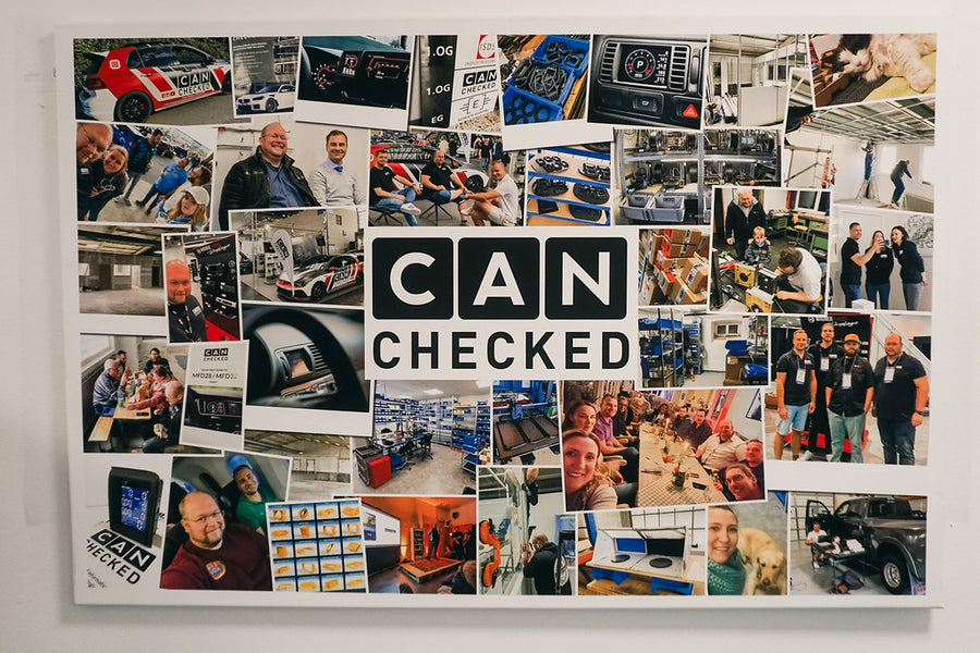 CANchecked photo wall at the company's German headquarters, showing motorsport projects, events and team history