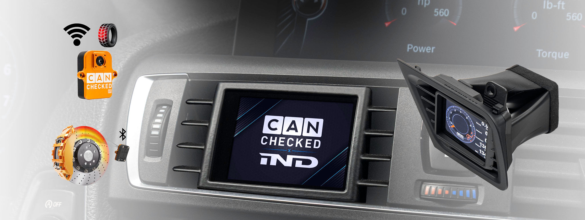 Homepage hero image welcoming CANchecked to the IND family, featuring an F87 M2 display showing CANchecked x IND with tire and brake sensor imagery and a Porsche 992 CANchecked display product image.