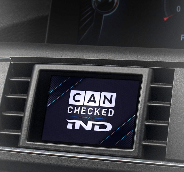 Homepage mobile hero image featuring a CANchecked multifunction display installed in a BMW F87 M2, displaying the CANchecked x IND startup screen with OEM-style CANbus integration and real-time vehicle data monitoring.