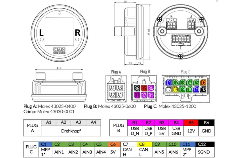 CANchecked MFD15 1.5-inch Gen2 multi-function universal display with wiring diagram for interior vehicle installation