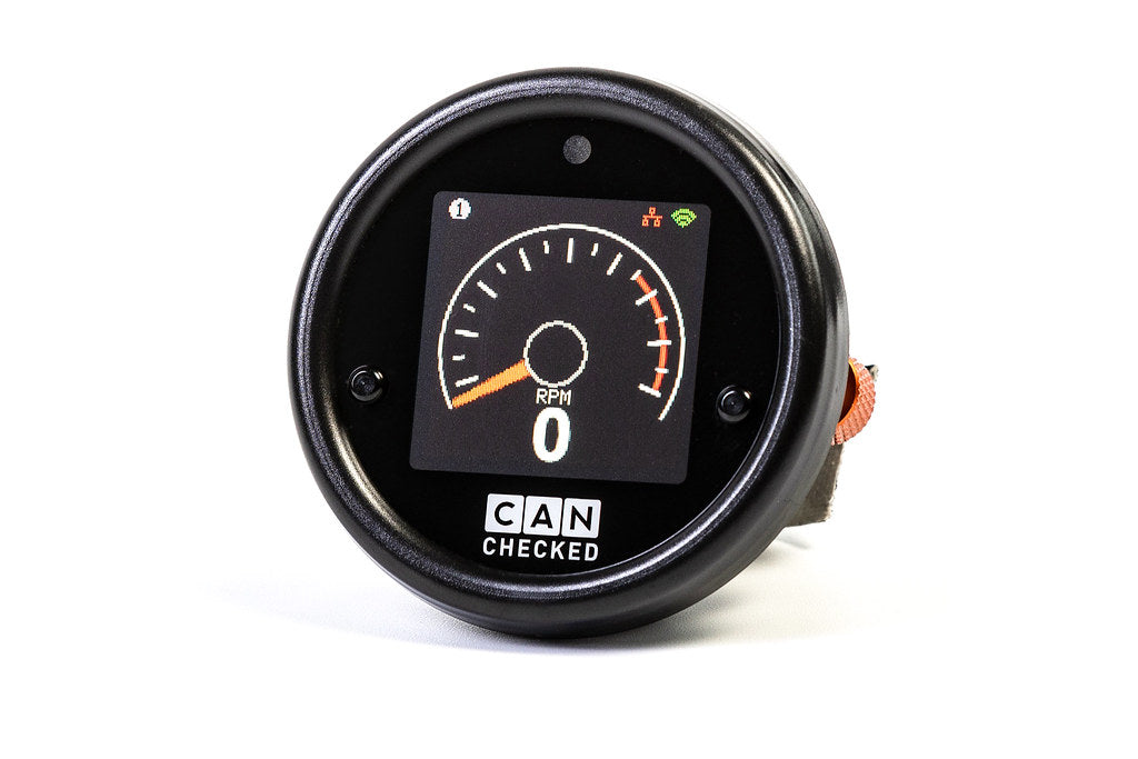 CANchecked MFD15 1.5-inch multi-function digital display for vehicle interiors, featuring a sleek white background and modern design.