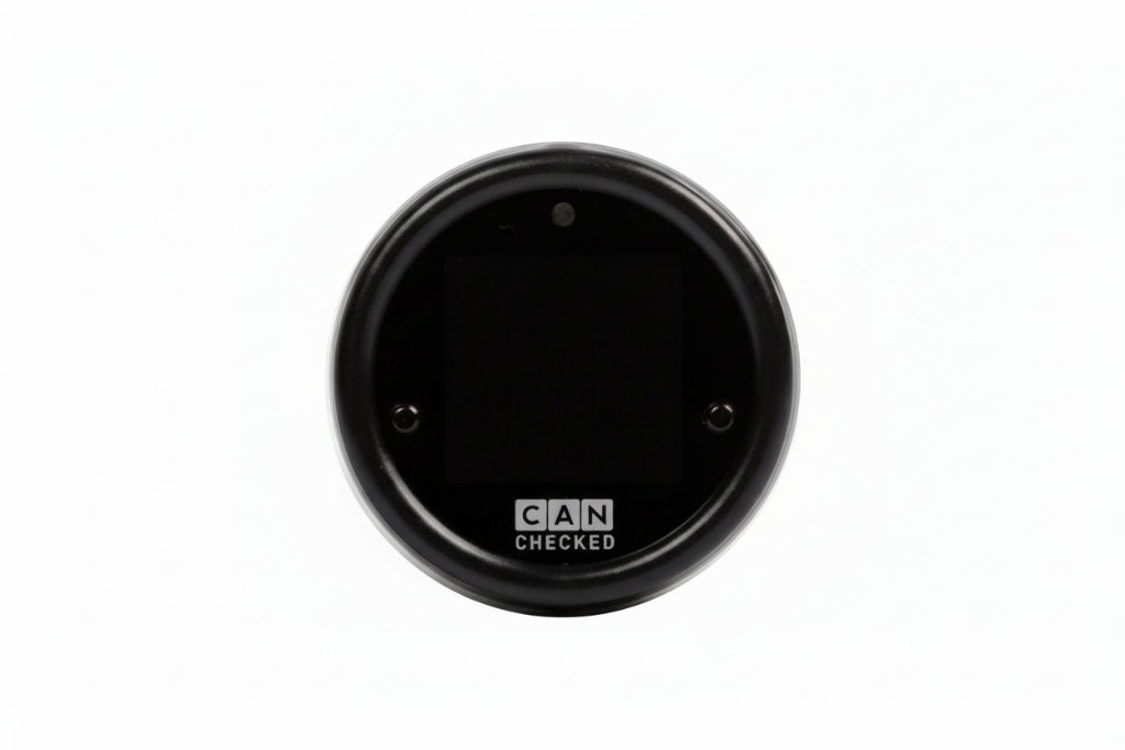 CANchecked MFD15 multi-function universal interior display, 1.5-inch Gen2 model with white background showing screen details